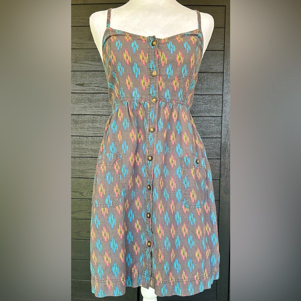 **AERIE** Grey Retro Pattern, Linen/Cotton Blend, Camisole Sundress, ButtonFront